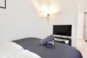 万塔Flamingo Modern Studio near Airport w FREE Parking的一间卧室配有一张床和一台平面电视