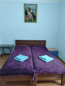 科布列季Gia Home的一张带紫色床单的床和墙上的照片