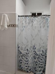 卡塔赫纳Maos flats的蓝白色图案的浴帘
