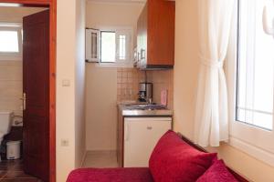 普雷韦扎Apartments Vasileiou Suite 2的一间小厨房,在房间内配有红色沙发