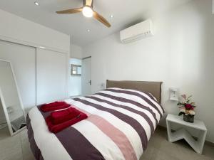 滨海卡瓦莱尔Appartement 3ch avec terrasse et jardin à 400m de la plage的一间卧室配有一张大床和吊扇