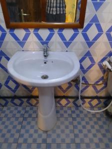 达喀尔Hôtel Entre Lac et Mer的浴室铺有蓝色和白色瓷砖,配有白色水槽。