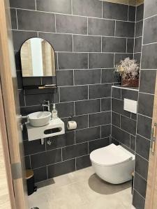 菲加里Casa Sognu di Orizonte的黑色瓷砖浴室设有卫生间和水槽