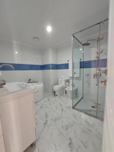 AreniAreni Lodge的浴室设有2个卫生间和玻璃淋浴间。