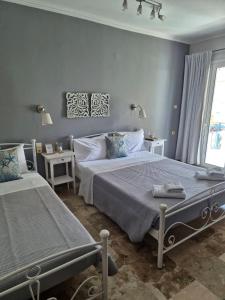 波罗斯多洛辛诺斯公寓的一间蓝色卧室,配有两张床和窗户