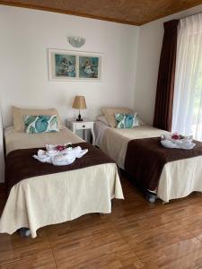 安加罗阿Teanehi Bed & Breakfast的客房内的两张床和毛巾
