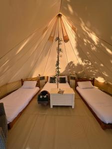 ChaleGlamping at Camp Corve的帐篷配有两张床和一张桌子