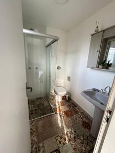 特雷索波利斯Cantinho na Serra的带淋浴、卫生间和盥洗盆的浴室