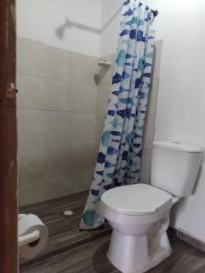 帕洛米诺Cabaña Buenos Aires的一间带卫生间和淋浴帘的浴室