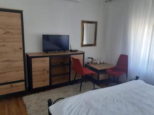 萨拉热窝Apartmani Zaara的一间卧室配有一张床和一张书桌及电视