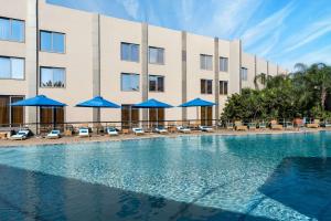 卢萨卡卢萨卡丽笙酒店的酒店游泳池设有椅子和蓝伞