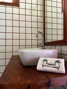 奥林匹亚Pousada Recanto Janbor的浴室设有水槽和柜台上的毛巾
