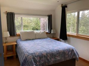 海恩斯罗德之家海滩山林小屋的一间卧室设有一张床和一个大窗户