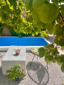 ChóraHoliday Oasis with private patio and Hammam-style bath in Chora-Pithagoreo, Samos Island的游泳池旁的桌子和长凳