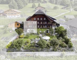 Erlenbach im SimmentalSwiss Mountain-Valley View Lodge的享有花园房屋的空中景致