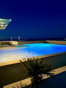 里米尼厄尔巴沃格里奥酒店的夜间大型游泳池,灯光蓝色