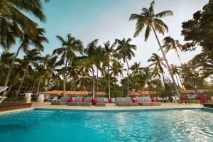 拉斯加勒拉斯Wyndham Alltra Samana All Inclusive Resort的一个带躺椅的游泳池,棕榈树