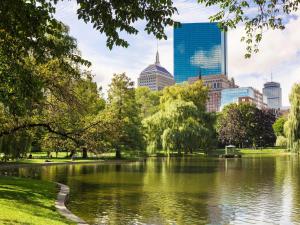 波士顿费尔蒙科普利广场酒店的享有公园、湖泊和摩天大楼的景色