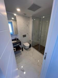 IskeleGrand Sapphire Resort 1 Bedroom Apartment的带淋浴、卫生间和盥洗盆的浴室