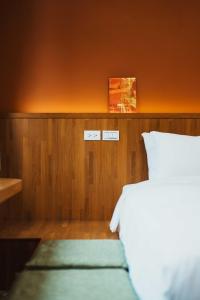 鹿港镇东皋歇暝 Tang-ko Hioh-mî的一间卧室配有一张床,墙上有两个开关