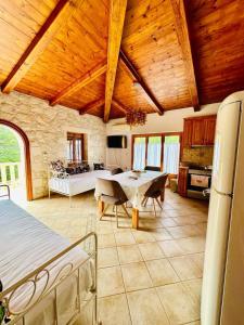 瓦西里科斯Deep Blue Villas的厨房以及带桌椅的起居室。