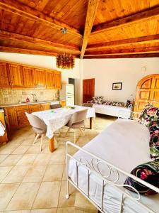 瓦西里科斯Deep Blue Villas的厨房以及带桌椅的用餐室。