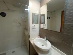 圣安东尼奥奥维公寓酒店的一间带水槽、淋浴和镜子的浴室