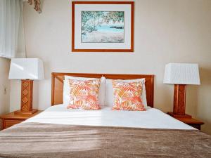 利胡埃Banyan Harbor Resort的一间卧室配有一张带枕头的床和两盏灯。
