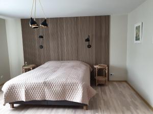 GrobiņaCrow's nest的一间卧室配有一张床和条纹墙