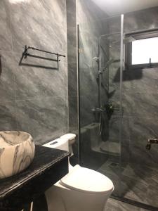 下龙湾Tuần Châu HQT的一间带卫生间和玻璃淋浴间的浴室