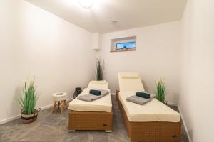 洛默Villa BalticBliss auf Rügen - direkt am Golplatz mit Sauna und Jacuzzi的两床间,两棵植物