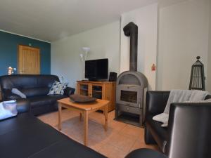 索尔布罗特Picture perfect Holiday Home in Sourbrodt with Garden BBQ的带沙发和燃木炉的客厅