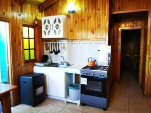 圣费利佩CASA GUADALUPE SAN FELIPE的厨房设有木墙和炉灶烤箱。