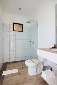 塔马林多Hotel Perla de la Playa的一间带卫生间和玻璃淋浴间的浴室
