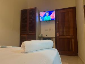 圣多明各Hotel Plaza Kavia的卧室配有一张床铺,墙上配有电视