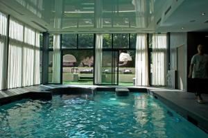 沙特尔Hotel & Spa Le Grand Monarque, BW Premier Collection的一座带大窗户的建筑中的游泳池