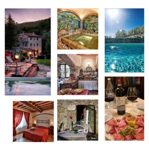 基安蒂盖奥勒勒波泽迪利奇酒店的各种不同种类的食品和葡萄酒的图片拼贴