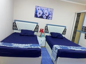 艾斯尤特Cozy Nile view apartment的蓝色和白色的客房内的两张床