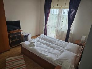 思贝儿Pensiunea Printul Vlad的卧室配有白色的床和电视。