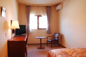 Minamimaki八岳格雷斯酒店度假村的配有一张床、一张书桌和一扇窗户的酒店客房