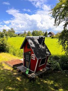 FußachHaus am Bodensee的一座红色的小房子,在田野上设有黑色屋顶