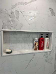 多伦多BRAND NEW lower home with EXCLUSIVE Bathroom的浴室架设有2瓶肥皂和淋浴