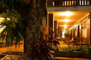 约帕尔Hotel Camoruco的庭院里树木和植物的建筑