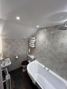 特伦托河上的纽瓦克博蒙德克罗斯宾馆的带浴缸、卫生间和盥洗盆的浴室