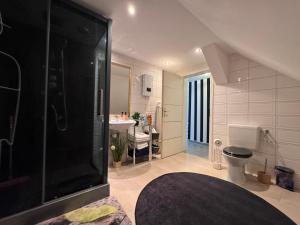 波鸿LUXURY HOME的带淋浴、卫生间和盥洗盆的浴室