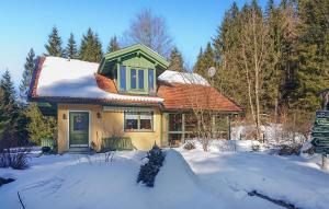 Regenhütte班豪斯K度假屋的雪中带绿门的房子
