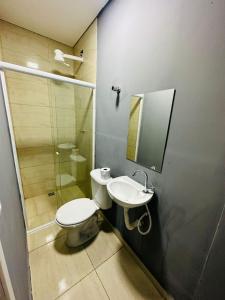 瓜鲁柳斯on park hotel e estacionamento traslado的一间带卫生间、水槽和镜子的浴室