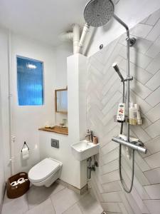 奥胡斯Cozy appartment for 2 in Aarhus的白色的浴室设有卫生间和水槽。