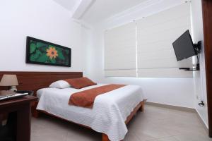 瓜亚基尔卡斯特利酒店的一间卧室配有一张床、一张书桌和一台电视