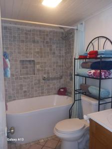 弗利盖特湾希罗夫茨海滩上酒店的带浴缸、卫生间和盥洗盆的浴室